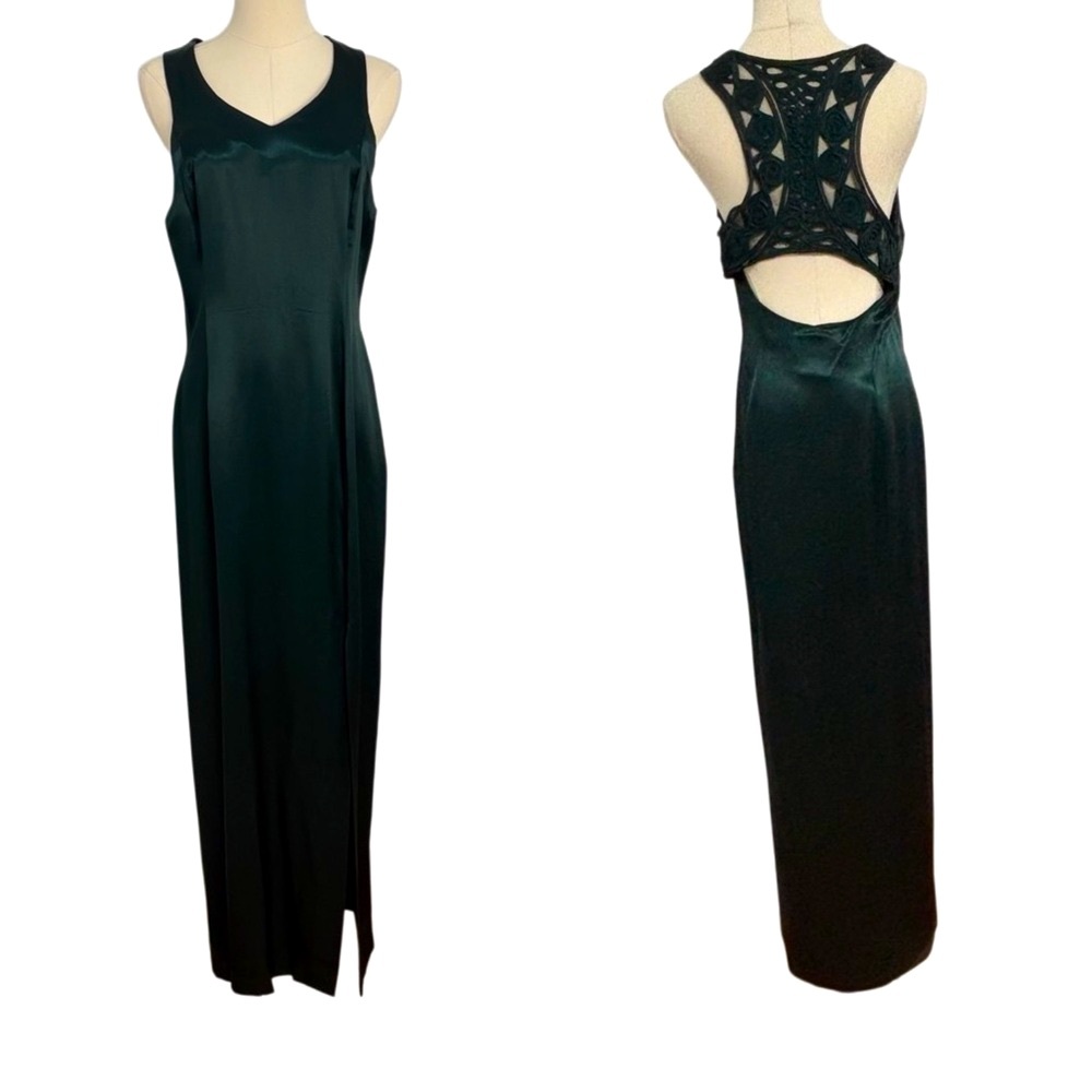 Vtg Jessica McClintock Satin Formal Gown 13/14 Green Backless Sleeveless Dress‎